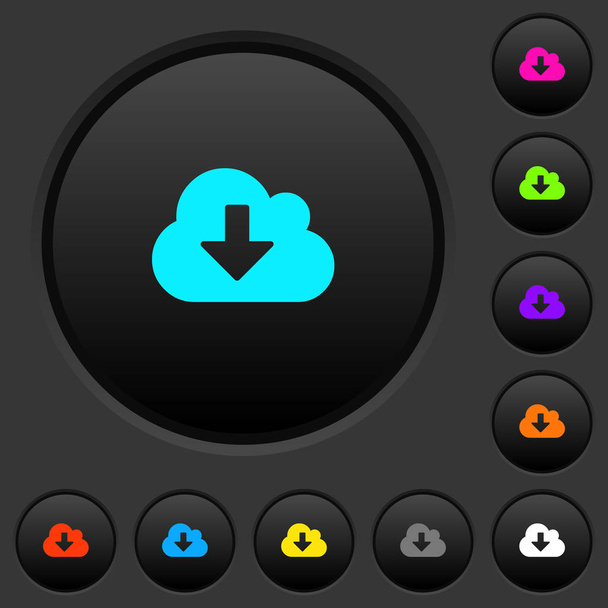 Cloud download dark push buttons with vivid color icons on dark grey background - Vector, Image