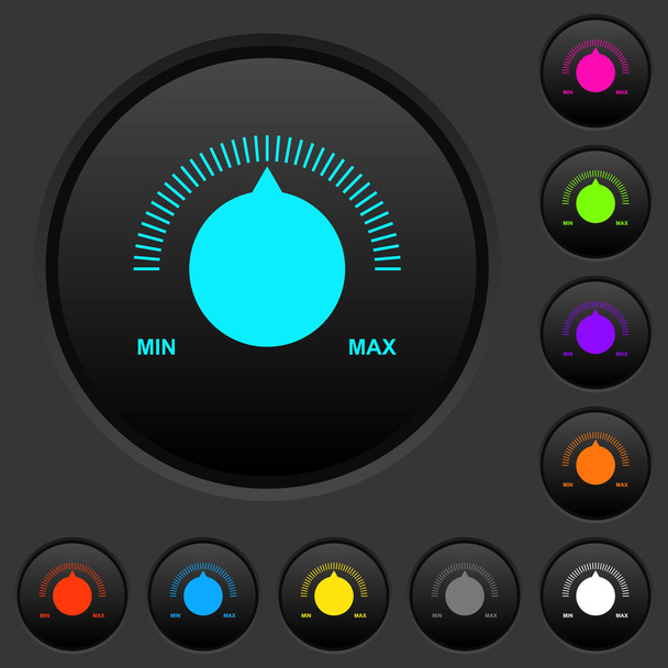 Volume control with captions dark push buttons with vivid color icons on dark grey background - Vector, Image