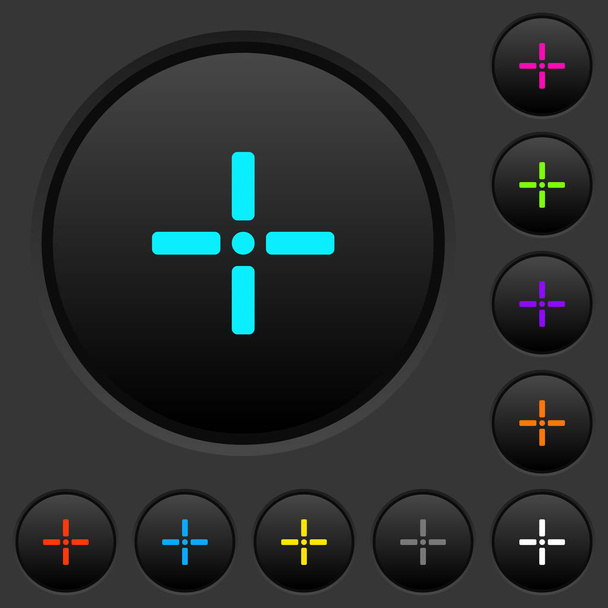 Precise cursor dark push buttons with vivid color icons on dark grey background - Vector, Image
