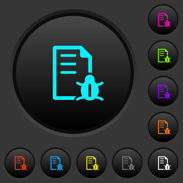 Bug report dark push buttons with vivid color icons on dark grey background - Vector, Image