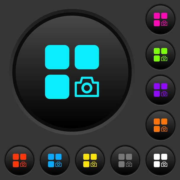 Моментальный снимок компонента темные кнопки с яркими цветовыми значками на темно-сером фоне
 - Вектор,изображение