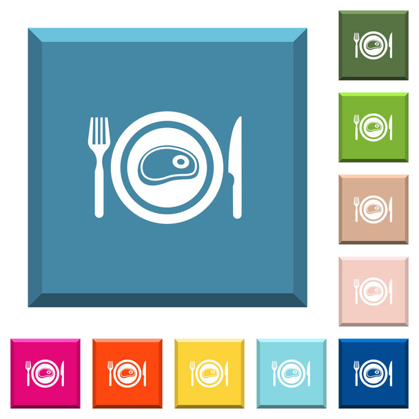 Filete para el almuerzo iconos blancos en botones cuadrados con bordes en varios colores de moda
 - Vector, Imagen
