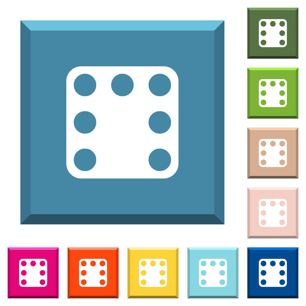 Domino siete iconos blancos en botones cuadrados con bordes en varios colores de moda
 - Vector, Imagen
