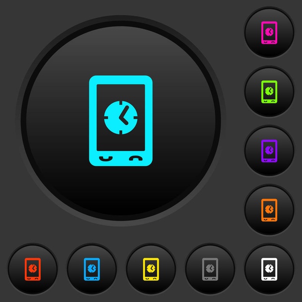 Mobil óra sötét nyomógomb, élénk színű ikonok sötét szürke háttér - Vektor, kép