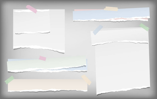 Note blanche et colorée, bandes de papier pour ordinateur portable avec des bords déchirés collés avec du ruban adhésif sur fond gris. Illustration vectorielle
. - Vecteur, image