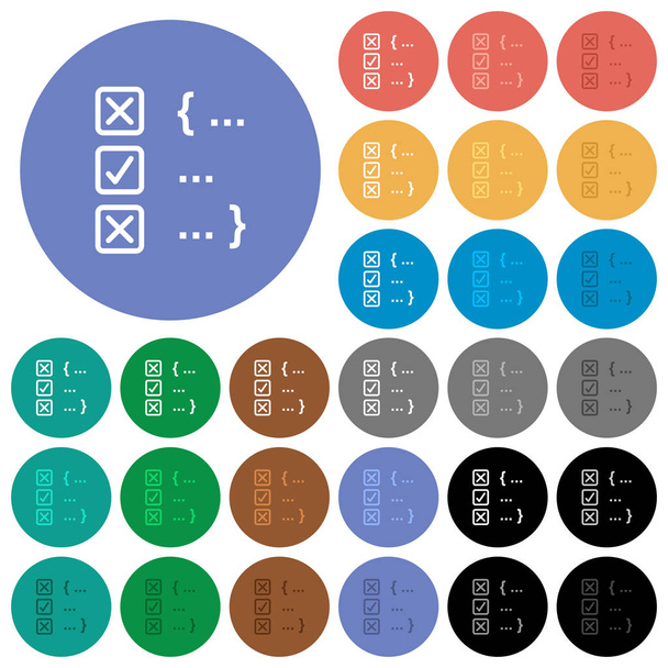 Source code checking multi colored flat icons on round backgrounds. Included white, light and dark icon variations for hover and active status effects, and bonus shades. - Vector, Image