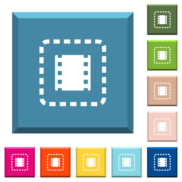 Coloque ícones de filme branco em botões quadrados afiados em várias cores da moda
 - Vetor, Imagem
