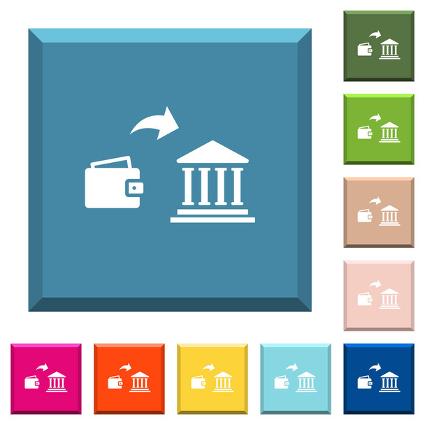 Vklad peněz do banky bílé ikony na omítané čtvercová tlačítka v různých módních barvách - Vektor, obrázek