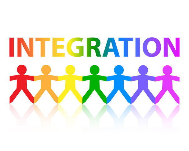 Integracji wyciąć łańcucha ludzi papier w kolorze tęczy - Wektor, obraz