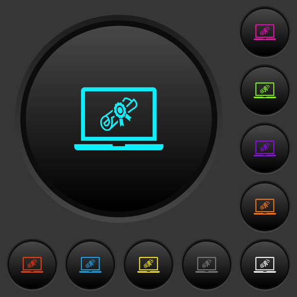 暗い灰色の背景に鮮やかな色のアイコンを持つラップトップ暗いプッシュ ボタンのウェビナー - ベクター画像