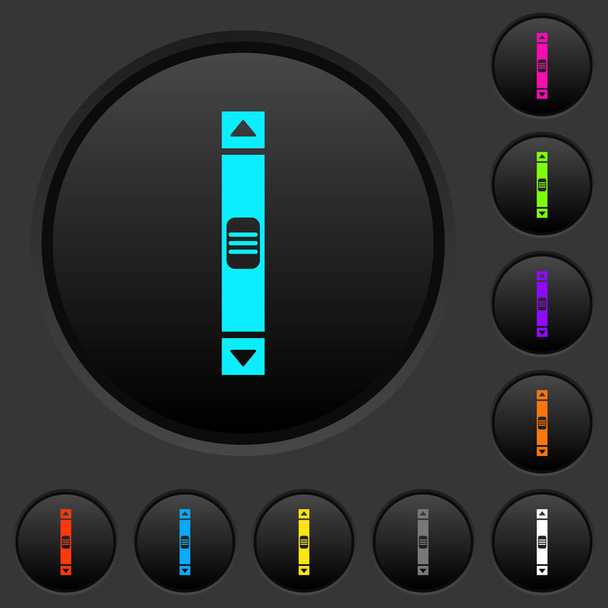Vertical scroll bar dark push buttons with vivid color icons on dark grey background - Vector, Image
