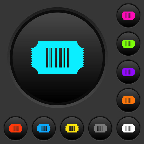 Ticket con pulsadores oscuros de código de barras con iconos de colores vivos sobre fondo gris oscuro
 - Vector, imagen