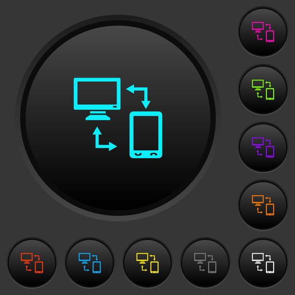 Sincronize móvel com botões escuros de computador com ícones de cores vivas no fundo cinza escuro
 - Vetor, Imagem