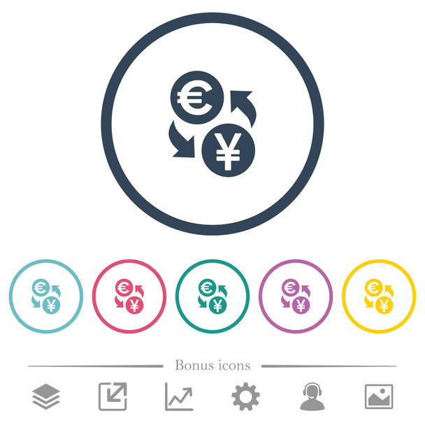 Euro Yen para Satım düz renk simgeleri ana hatları yuvarlak. 6 bonus simgeler dahil. - Vektör, Görsel