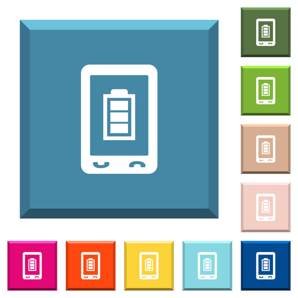 Ikony stavu bílé mobilní baterie na omítané čtvercová tlačítka v různých módních barvách - Vektor, obrázek