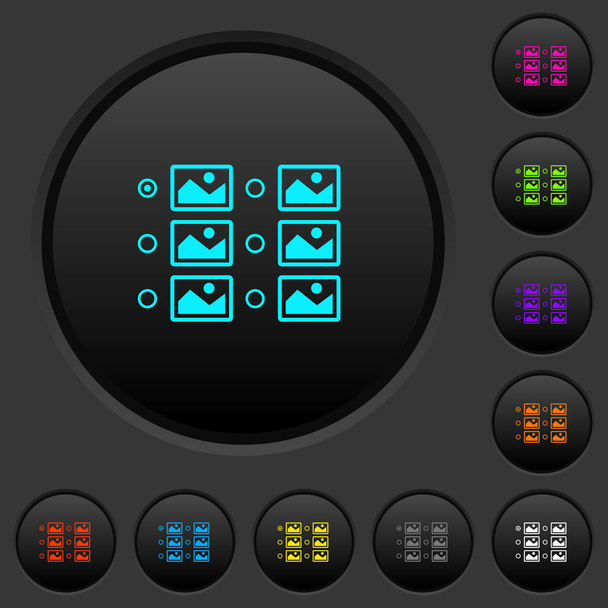 Enkel beeld selectie met radio knoppen donkere drukknoppen met pictogrammen met levendige kleuren op donkere grijze achtergrond - Vector, afbeelding