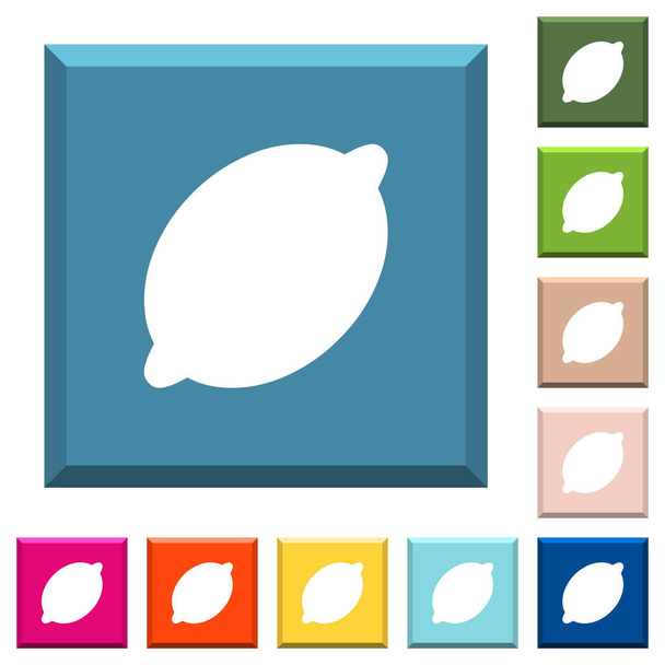 Iconos blancos de limón individuales en botones cuadrados con bordes en varios colores de moda
 - Vector, Imagen