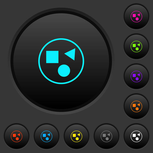 Группа элементов темные кнопки нажатия с яркими цветовыми иконками на темно-сером фоне
 - Вектор,изображение