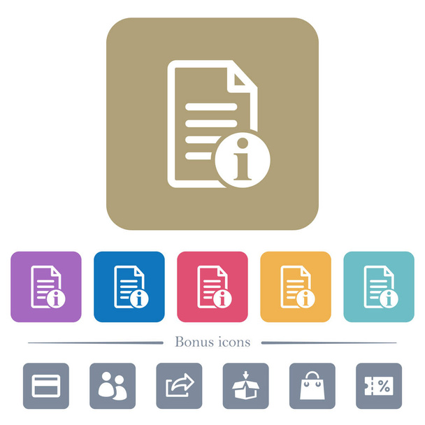Document info white flat icons on color rounded square backgrounds. 6 bonus icons included - Vector, Image