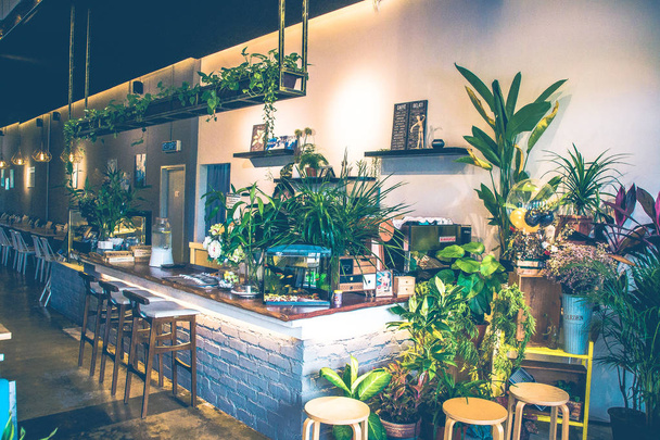 hermosa cafetería con sillas de mesa y plantas
 - Foto, Imagen
