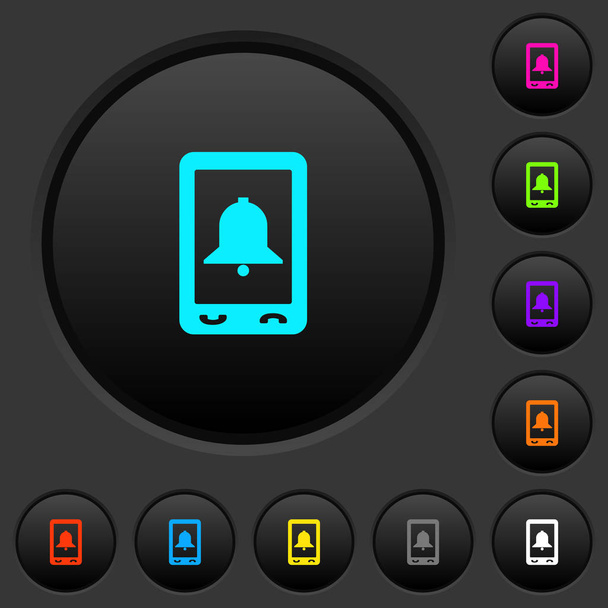 Mobiele alarm donkere drukknoppen met pictogrammen met levendige kleuren op donkere grijze achtergrond - Vector, afbeelding