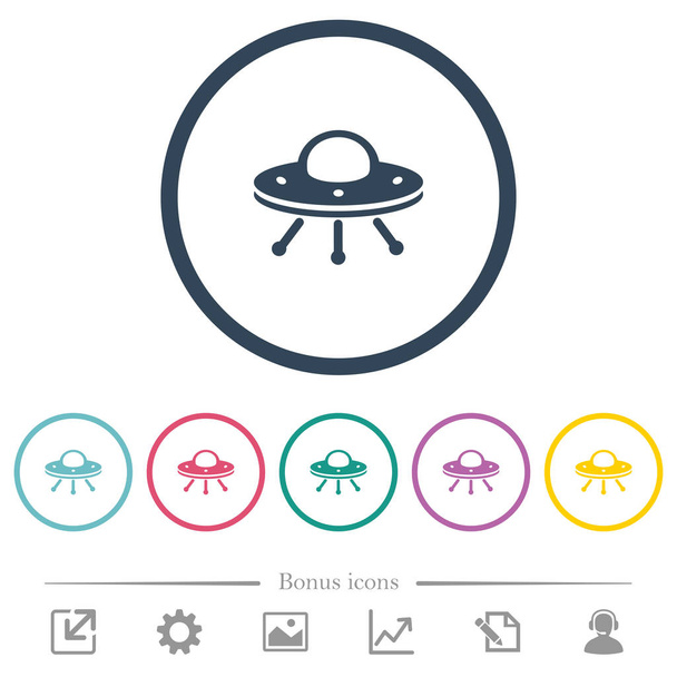 UFO lapos színes ikonok kerek körvonalai. 6 bónusz ikonok is. - Vektor, kép