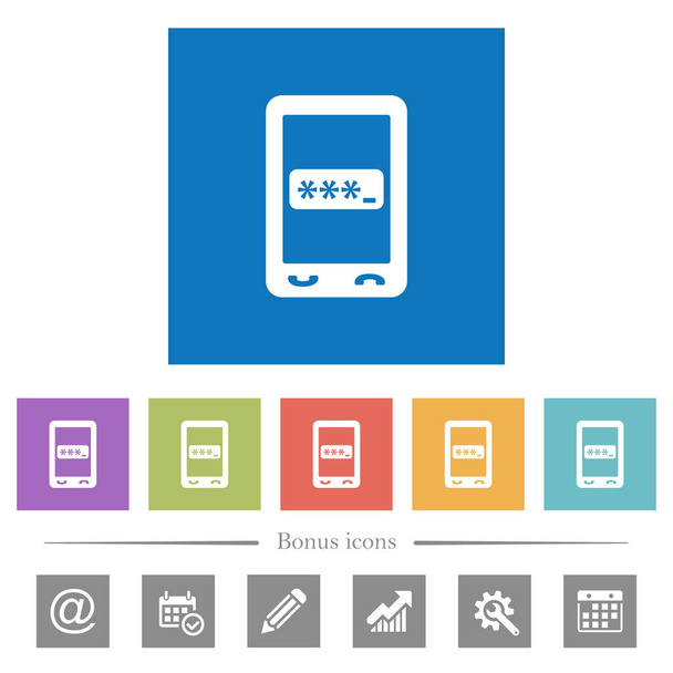 Mobilní kód pin kód ploché bílé ikony v čtverečních pozadí. 6 bonusových ikony součástí. - Vektor, obrázek