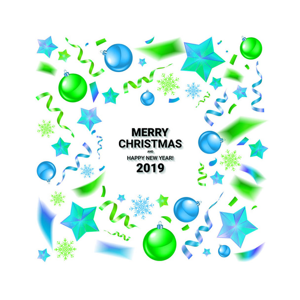 Wesołych Świąt Bożego Narodzenia i nowy rok 2019 pocztówkę ze eleganckie ramki wykonane realistyczne złota i czerwony folia gwiazd, płatki śniegu i świecidełka. Ilustracja wektorowa. na białym tle - Wektor, obraz
