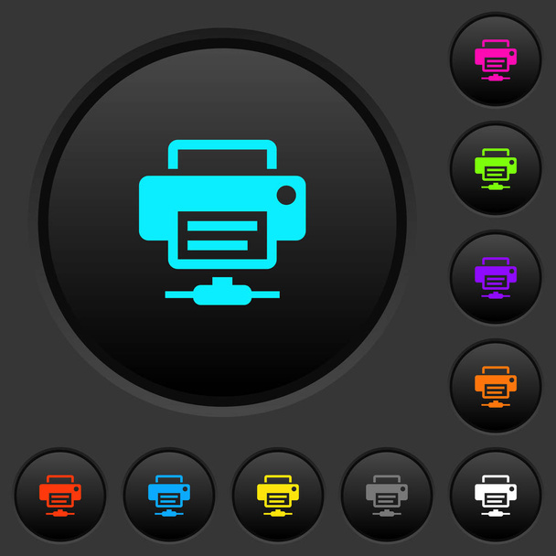Síťové tiskárny dark tlačítka s ikonami živé barvy na tmavě šedém pozadí - Vektor, obrázek