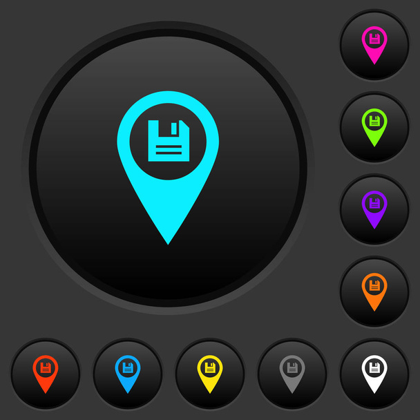 Guardar GPS ubicación del mapa pulsadores oscuros con iconos de color vivos sobre fondo gris oscuro
 - Vector, Imagen