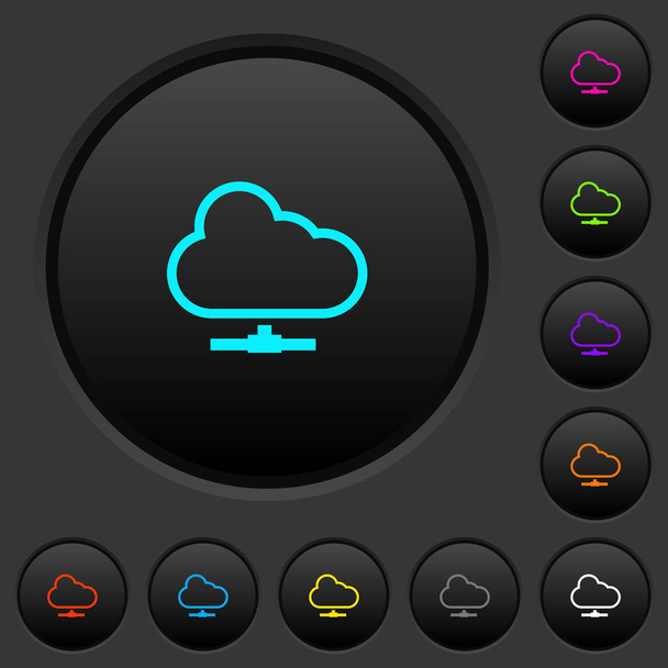 Cloud network dark push buttons with vivid color icons on dark grey background - Διάνυσμα, εικόνα