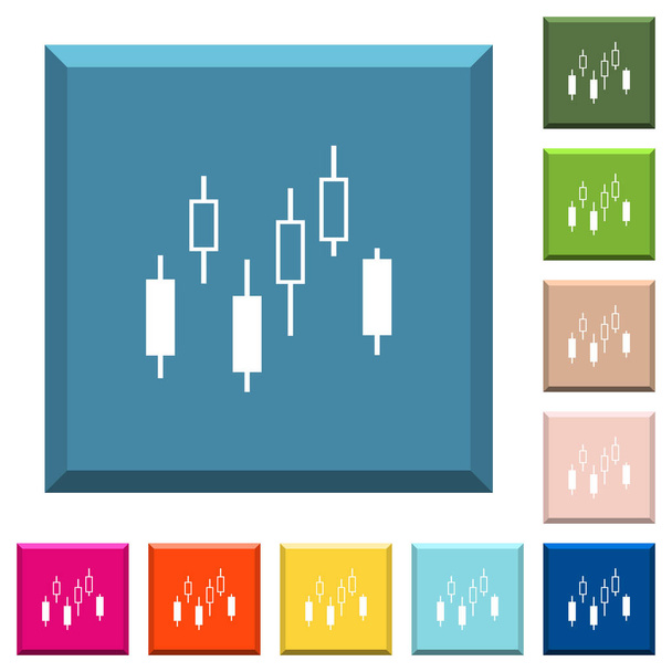 Gráfico de castiçal ícones brancos em botões quadrados afiados em várias cores da moda
 - Vetor, Imagem
