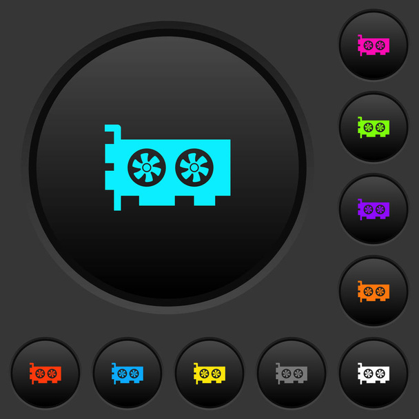 Tarjeta de vídeo para ordenador pulsadores oscuros con iconos de colores vivos sobre fondo gris oscuro
 - Vector, Imagen