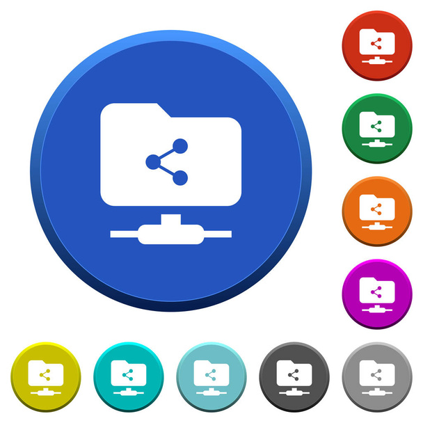 FTP compartir botones biselados de color redondo con superficies lisas e iconos blancos planos
 - Vector, imagen