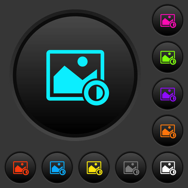 暗い灰色の背景に色鮮やかなアイコンと画像コントラスト暗いプッシュ ボタンを調整します。 - ベクター画像