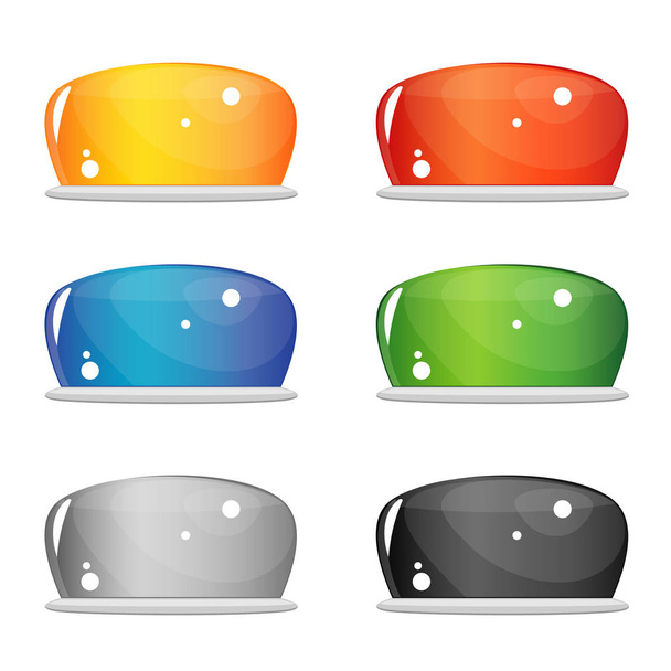 Een set van zes helder glas knoppen, vergelijkbaar met de gelei-vorm. Vooraanzicht, zijaanzicht. Geel, rood, blauw, groen, wit en zwart. Vector - Vector, afbeelding