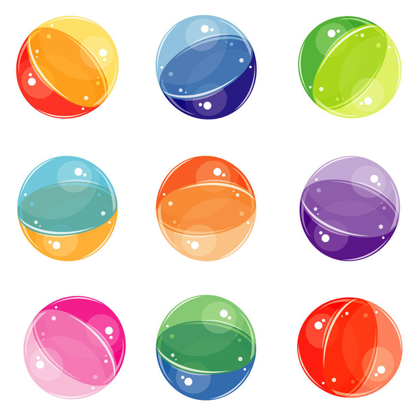 värikkäitä kuplia kahdesta osasta eri värejä, läpinäkyvä tyhjä pallot pyörivät eri asennoissa
 - Vektori, kuva