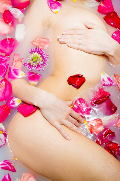 Sexy young female in bath with flowers petal. - Φωτογραφία, εικόνα