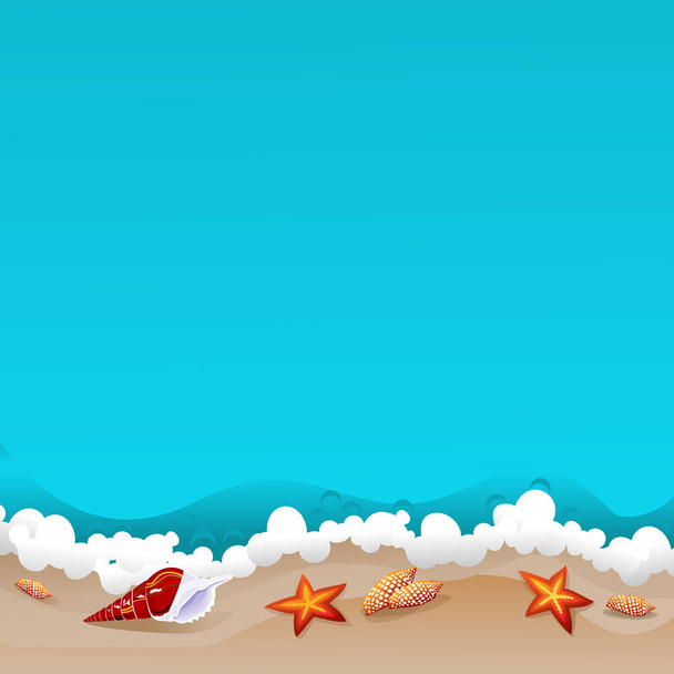 Muscheln am Strand. Sommer tropischen Hintergrund mit azurblauen Meereswellen. Kopierraum. Vektorillustration. - Vektor, Bild