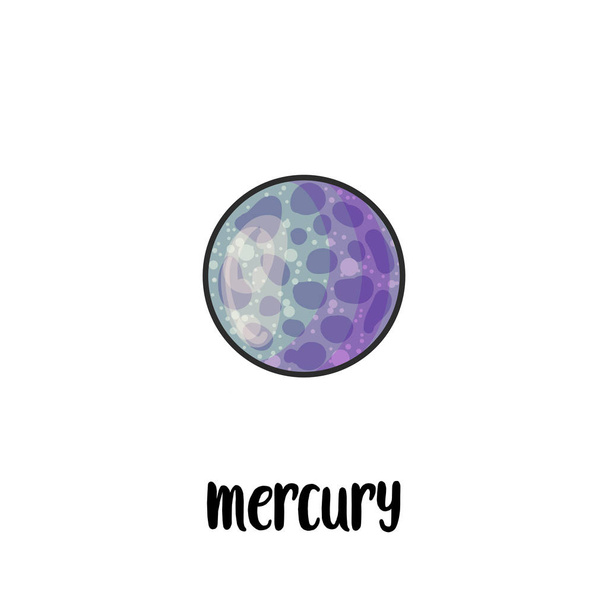 Sistema solar planeta dibujado a mano ilustración vector de dibujos animados. Doodle espacio clipart. Cartoon Mercury planeta con nombre firmado. Galaxia. Icono cósmico. Astronomía para niños elemento de diseño de color aislado
 - Vector, Imagen