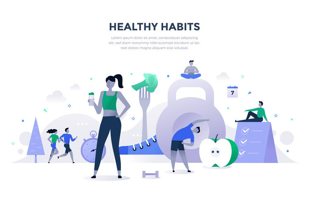Hábitos saludables vector ilustración. Ejercicio, correr al aire libre, comer sano y beber suficiente agua, relajación y rutina diaria efectiva
 - Vector, Imagen