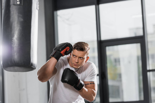 beau boxeur musclé faisant de l'exercice avec sac de boxe dans la salle de gym
 - Photo, image