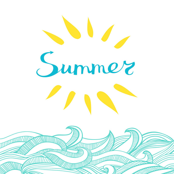 Summer Sun and waves. Retro card with freehand lettering and hand drawn doodle style elements. Vector illustration. - Vecteur, image