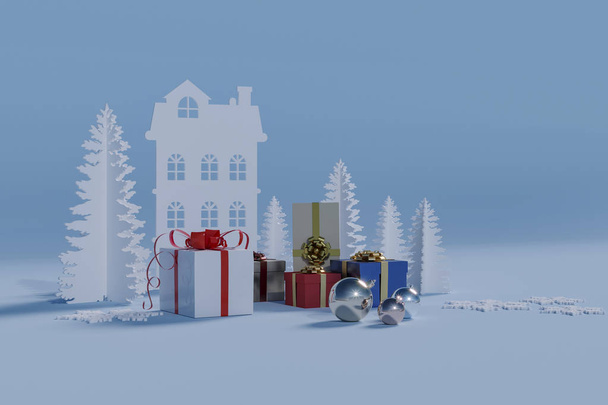 Brinquedos de Natal com presentes no fundo de artesanato de papel caseiro e fundo azul
 - Foto, Imagem