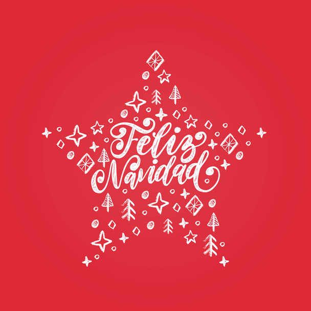 Feliz Navidad, kézírásos kifejezés, fordította spanyol boldog karácsonyt. Vektor dekoratív csillag ábrán piros újév háttér. - Vektor, kép