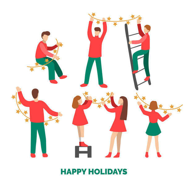 Düz infographics insanların peri ışıkları tarafından dekorasyon. Noel ve yeni yıl tebrik kartı şablonu için minimalist tarzı resimde. Mutlu tatil poster kavramı. - Vektör, Görsel