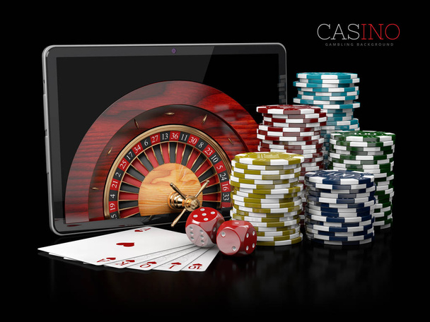 3D-Illustration des Casino-Hintergrunds mit Tablet, Würfeln, Karten, Roulette und Chips - Foto, Bild