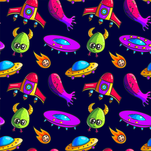 Cartoon rockets and aliens hand drawn color seamless pattern. Cute space shuttles and ufo cliparts. Doodle spaceships. Spacecraft stickers. Space exploration. Background vector design - Vector, Image
