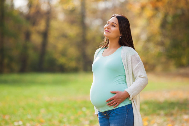 Ευτυχισμένος έγκυος γυναίκα χαλαρώνοντας στο πάρκο.  - Φωτογραφία, εικόνα