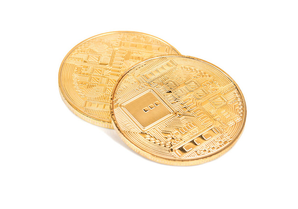 Two gold coins bitcoins on a white background - Foto, immagini